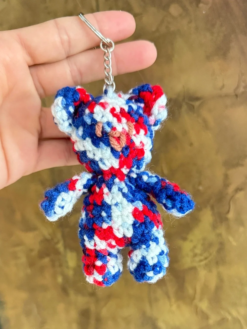 Handmade Crochet Teddy Keychain - Red, Blue & Cream